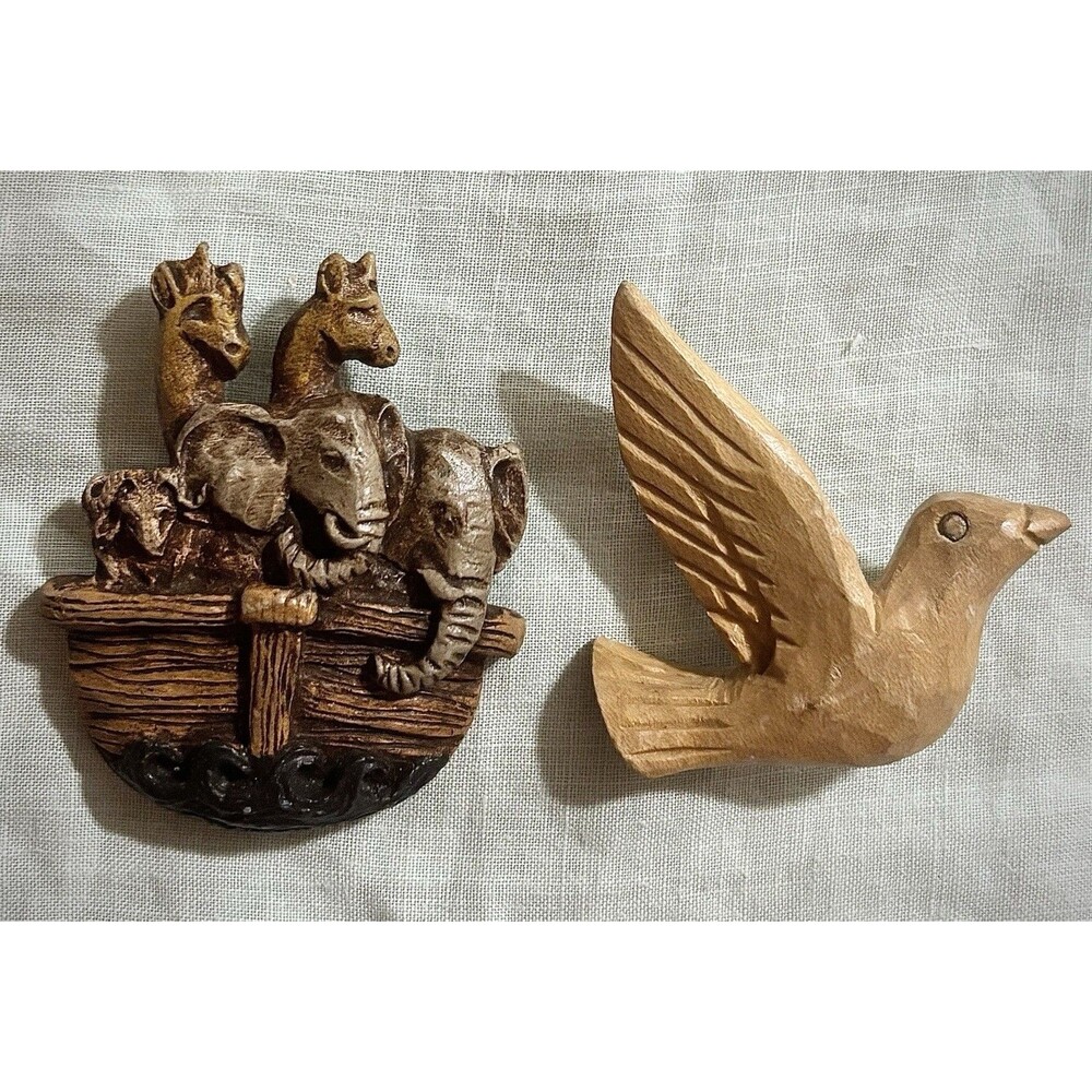 Vintage Hand Carved Wood Brooch Lot Noahs Ark Animals Dove Bird Signed 1993 1998